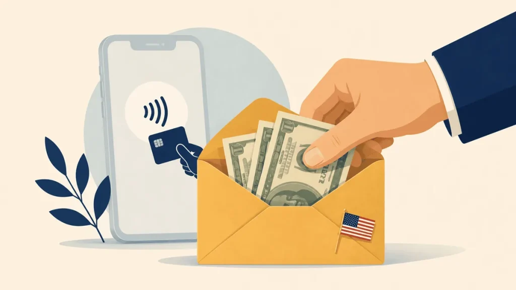 Illustration of the cash envelope method with cash being placed into an envelope