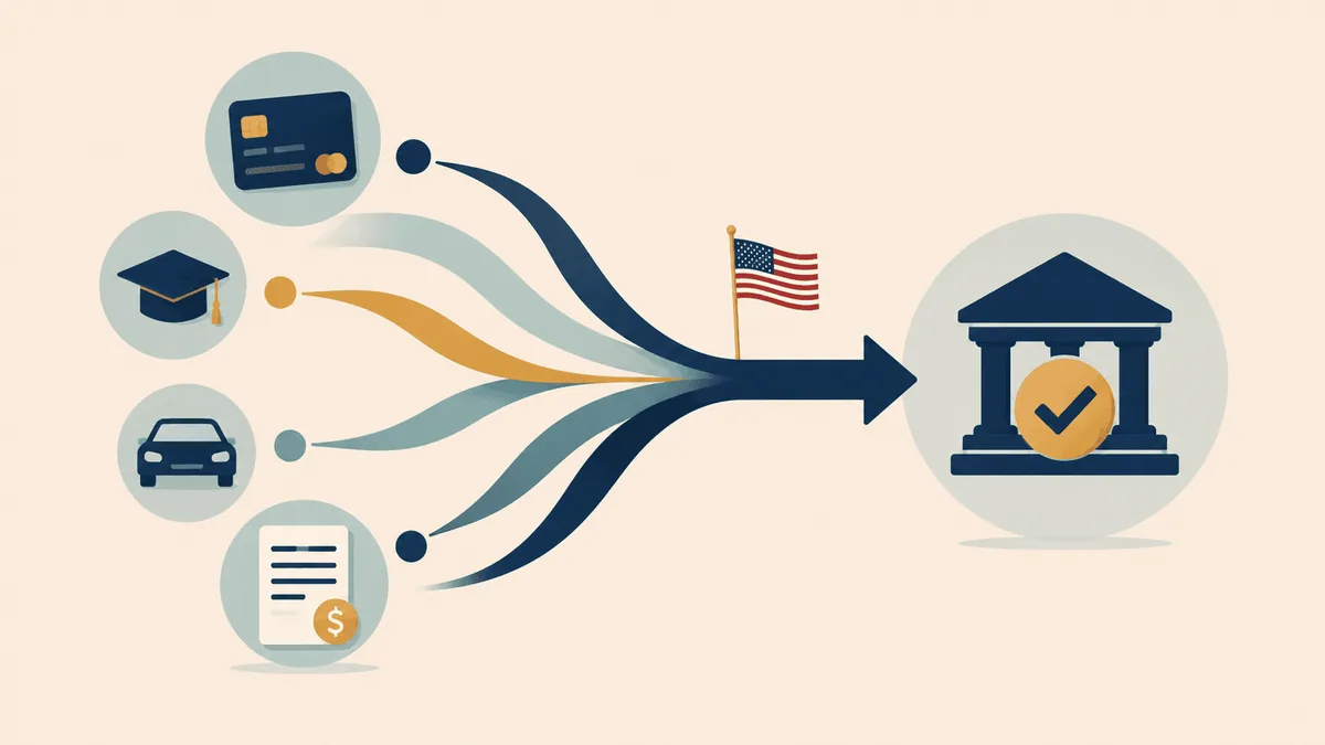 Illustration of multiple debts merging into a single stream, representing debt consolidation loans