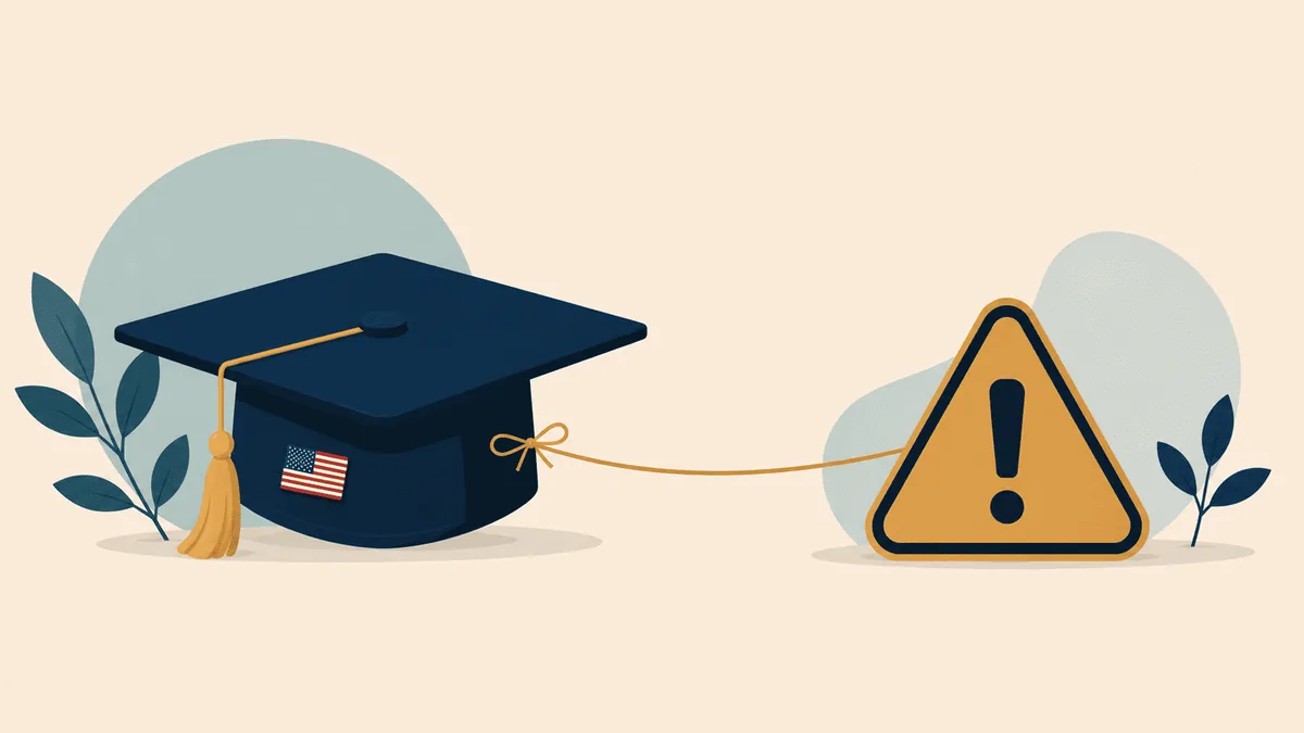 Illustration of a graduation cap connected to a warning icon, representing default on student loans