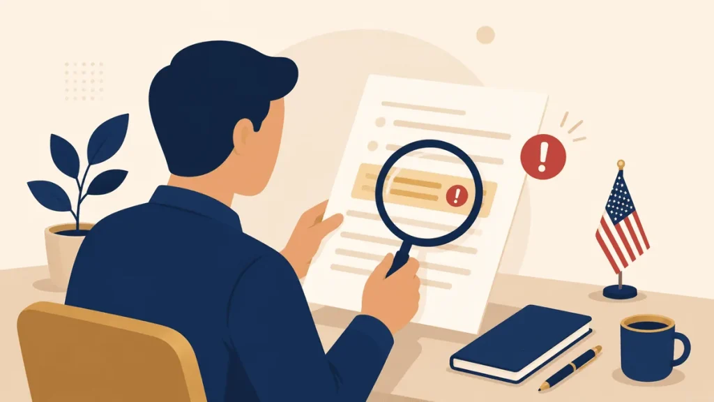 Illustration of a person disputing a credit report error using a magnifying glass to review a document