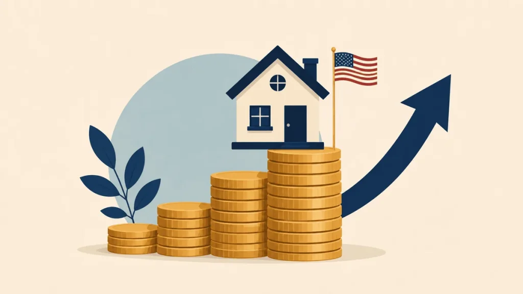 Illustration of saving for a house down payment faster with coins stacking beneath a house icon