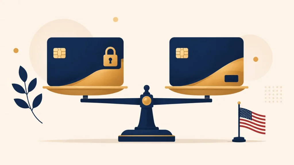 Illustration comparing secured vs unsecured credit cards on a balance scale