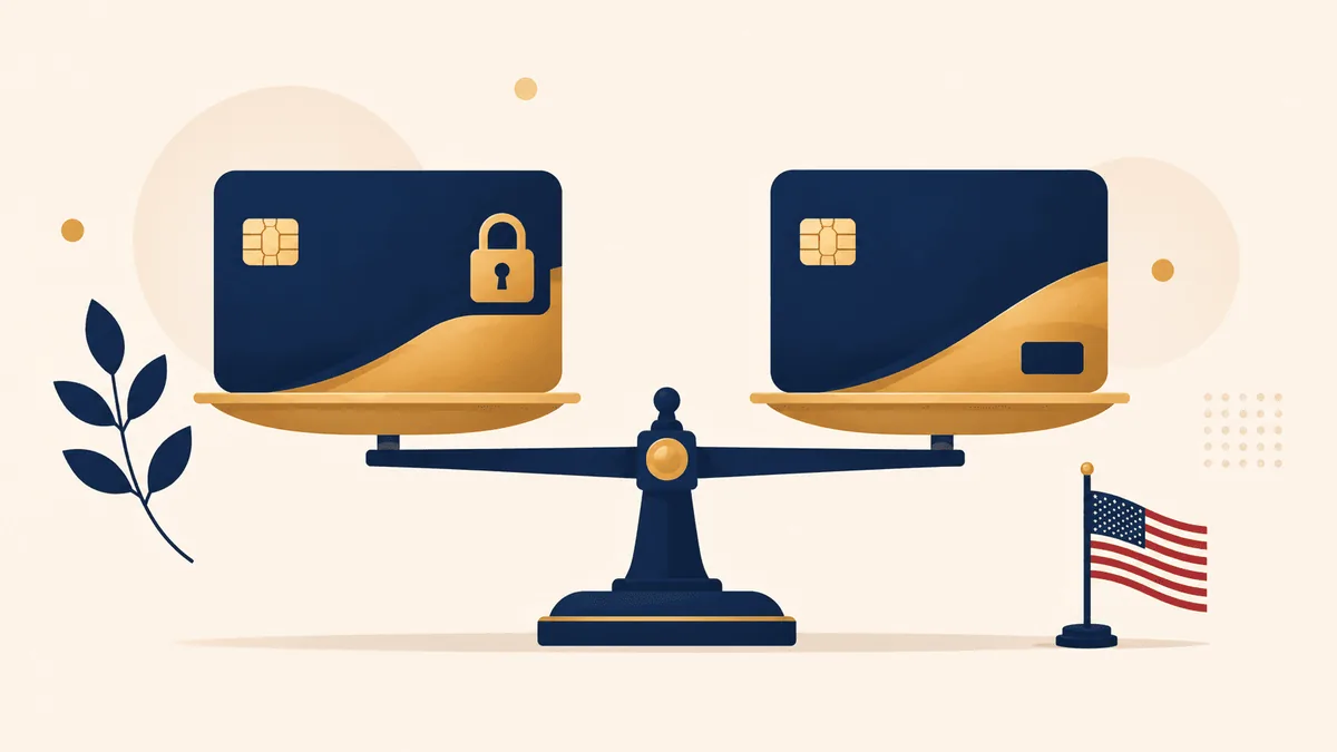 Illustration comparing secured vs unsecured credit cards on a balance scale