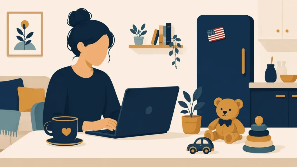 Illustration of a laptop and coffee cup on a table, representing side hustles for stay-at-home parents